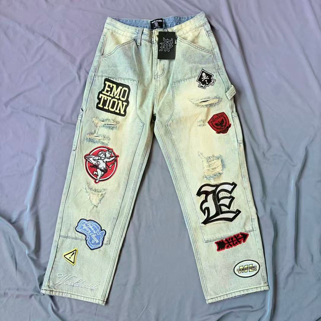 MIXED EMOTION Patchwork Graphic Straight-Leg Jeans