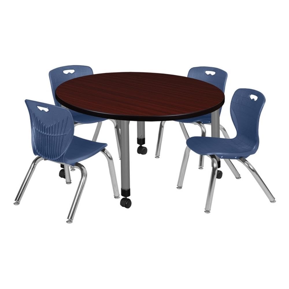 36" Round Mobile Mahogany Table with 4 Navy Blue Stack Chairs O798352