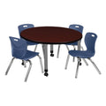 36" Round Mobile Mahogany Table with 4 Navy Blue Stack Chairs O798352