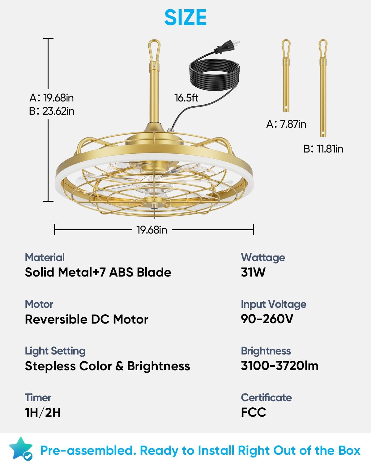 20" Gold Outdoor Ceiling Fan with Light A128495