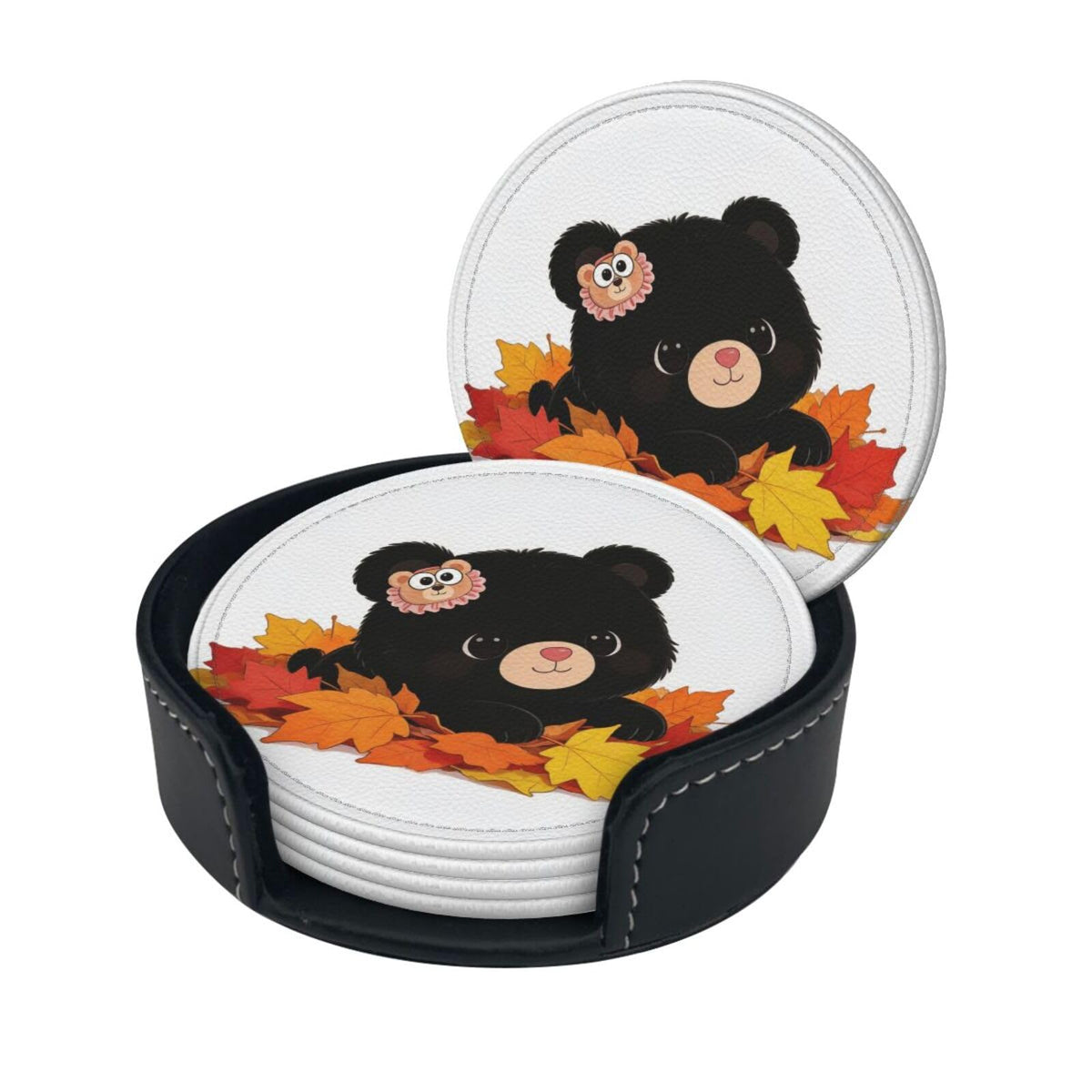 Black Bear Leather Coasters Set of 6 with Holder S23384