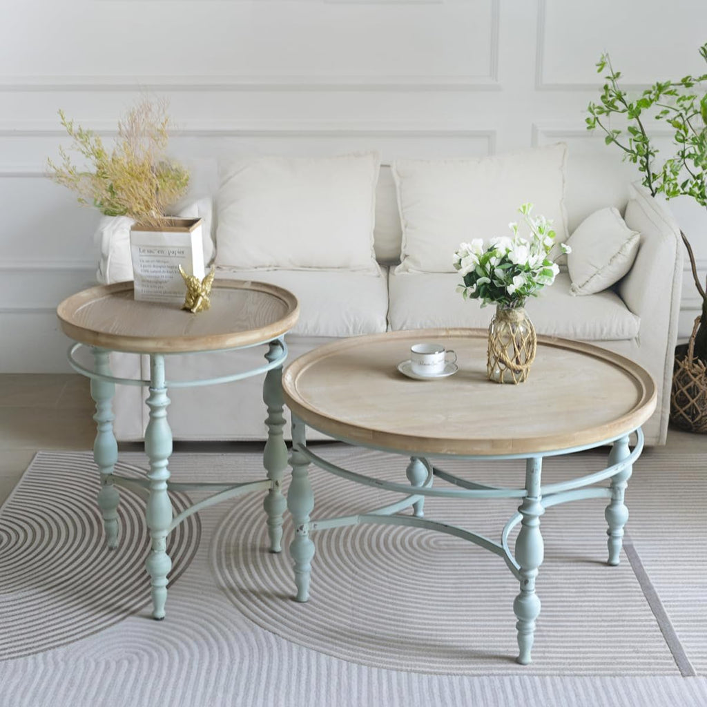 Round Solid Wood Coffee Table with Iron Legs A9308