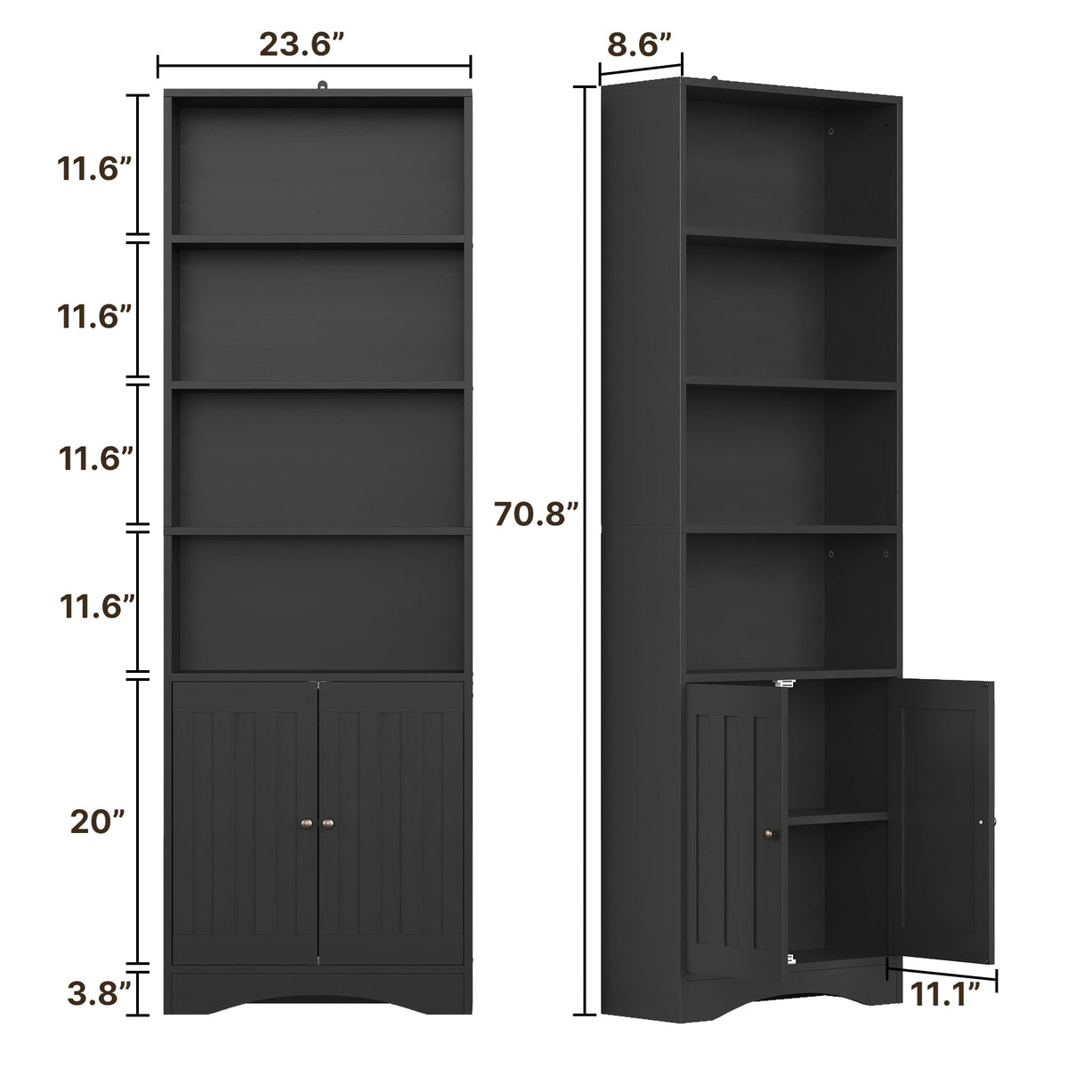 71''H 6-Shelf Black Bookcase with Doors B22513