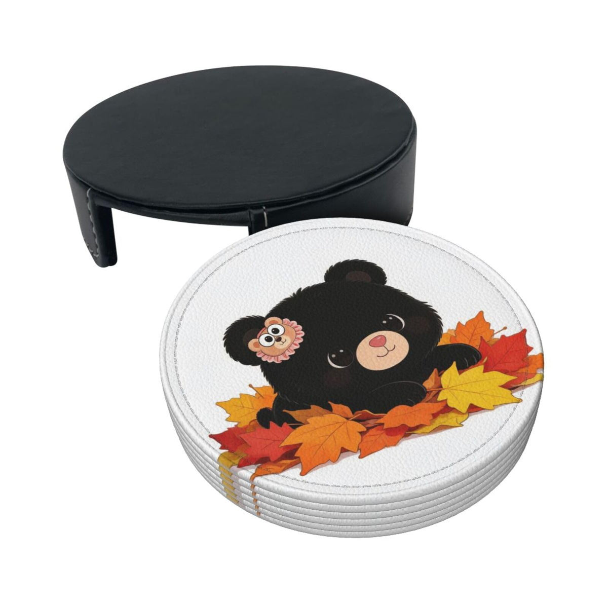 Black Bear Leather Coasters Set of 6 with Holder S23384