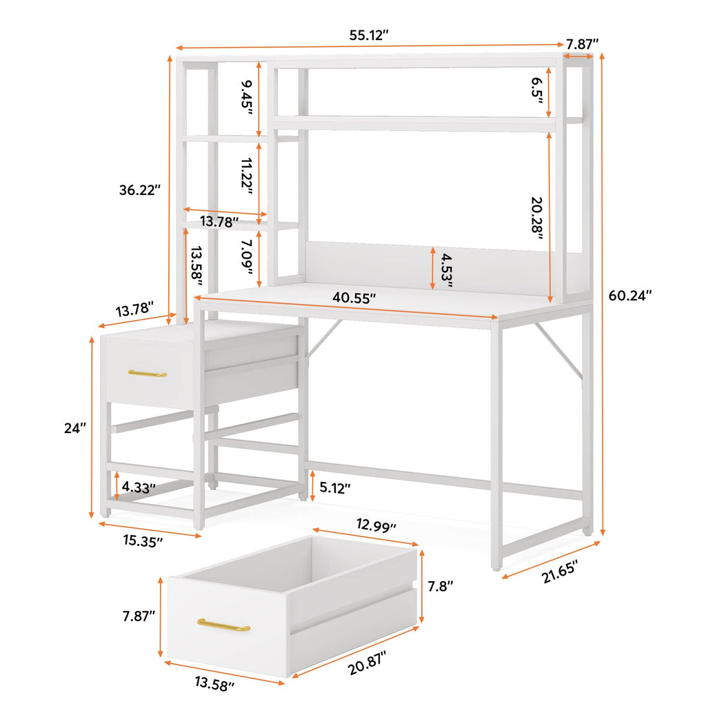 55 Inch Computer Desk with 2 Drawers and Storage Shelves F235005