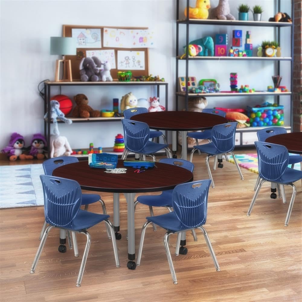 36" Round Mobile Mahogany Table with 4 Navy Blue Stack Chairs O798352