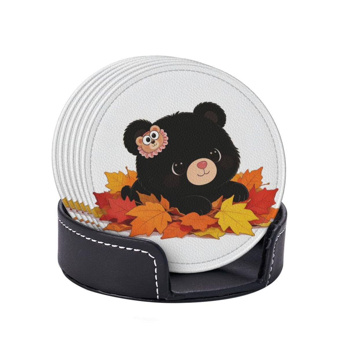 Black Bear Leather Coasters Set of 6 with Holder S23384