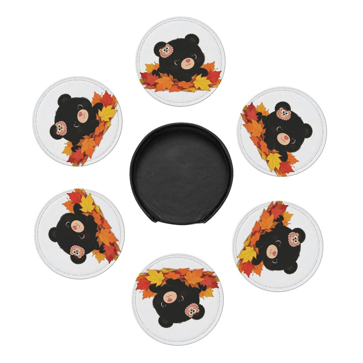 Black Bear Leather Coasters Set of 6 with Holder S23384