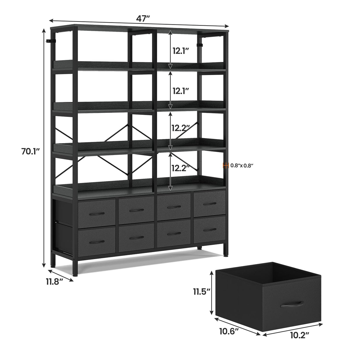 Black 8 Fabric Drawer 7-Tier Bookshelf K1692
