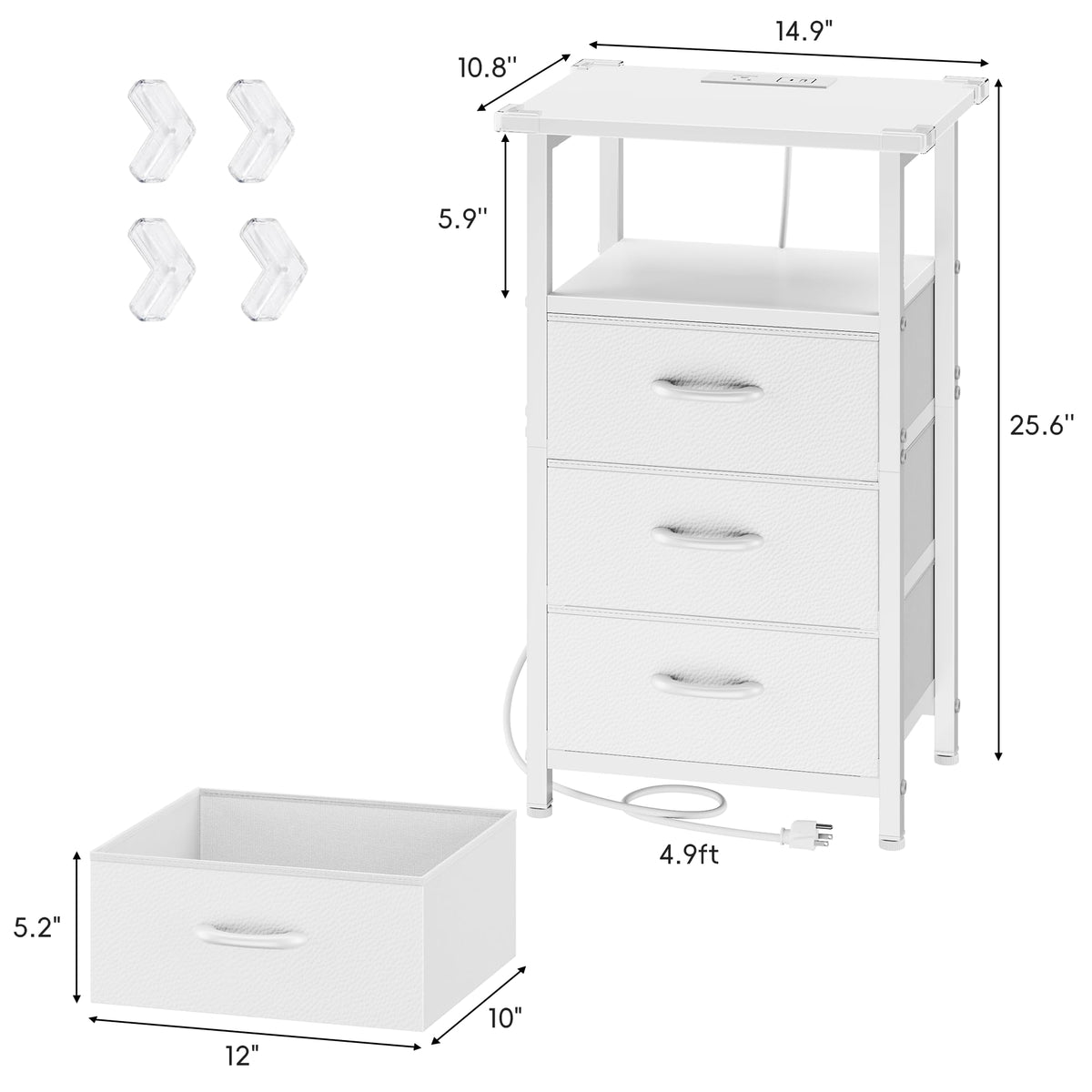 White Nightstand with Charging Station and 3 Fabric Drawers V500