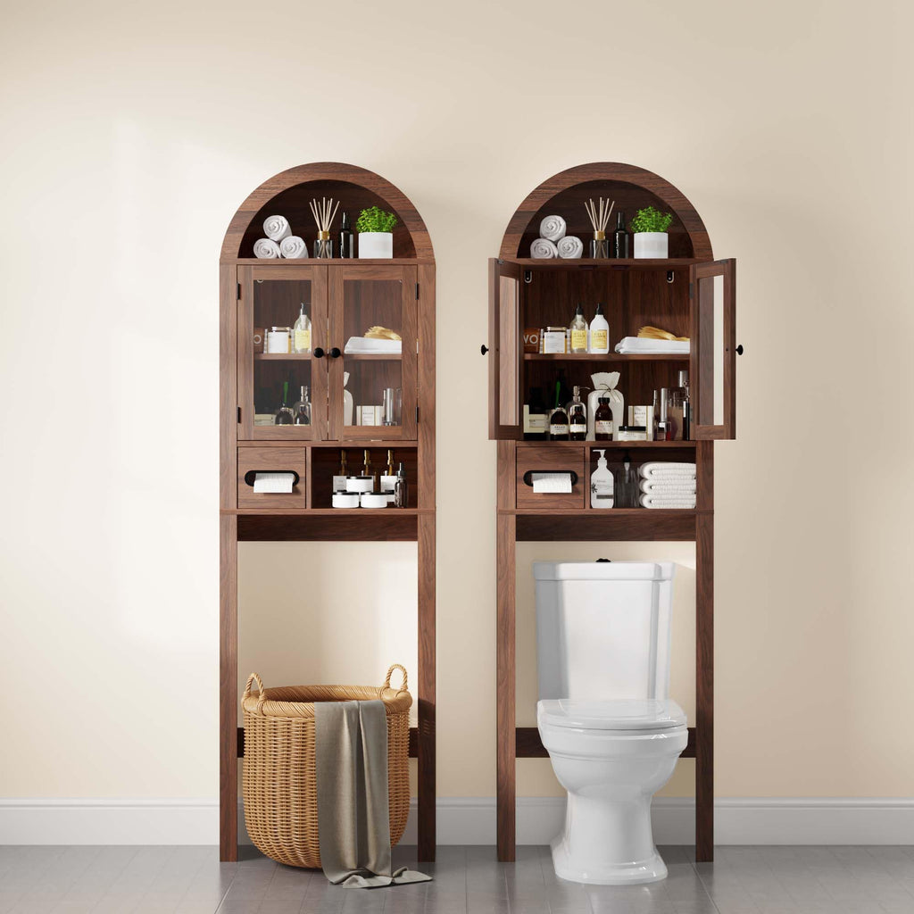 Arched Over the Toilet Storage Cabinet with Tempered Glass Doors O245922