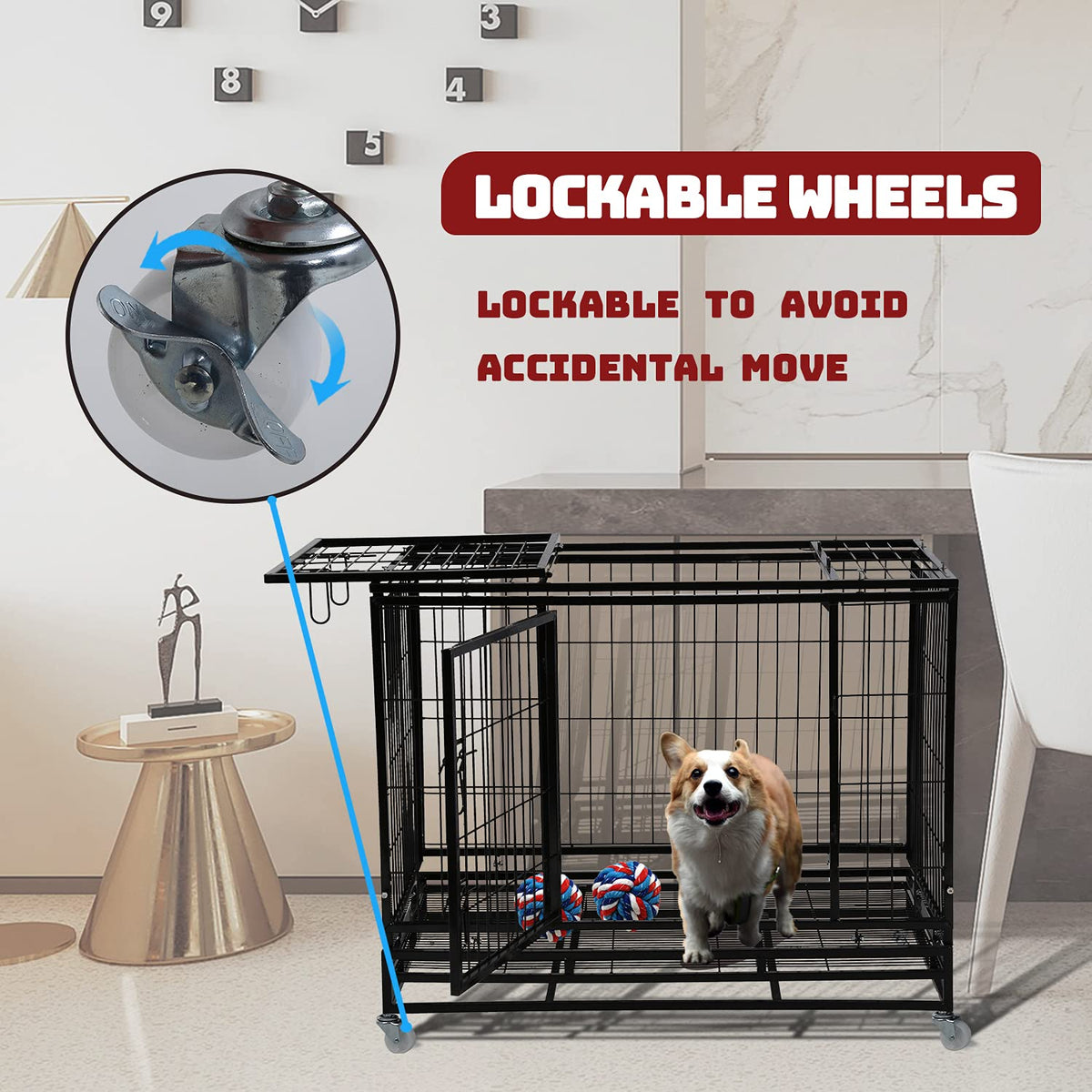 48 inch Heavy Duty Foldable Dog Crate with Lockable Wheels X36557