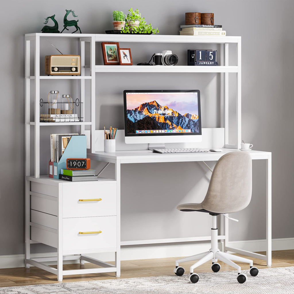 55 Inch Computer Desk with 2 Drawers and Storage Shelves F235005