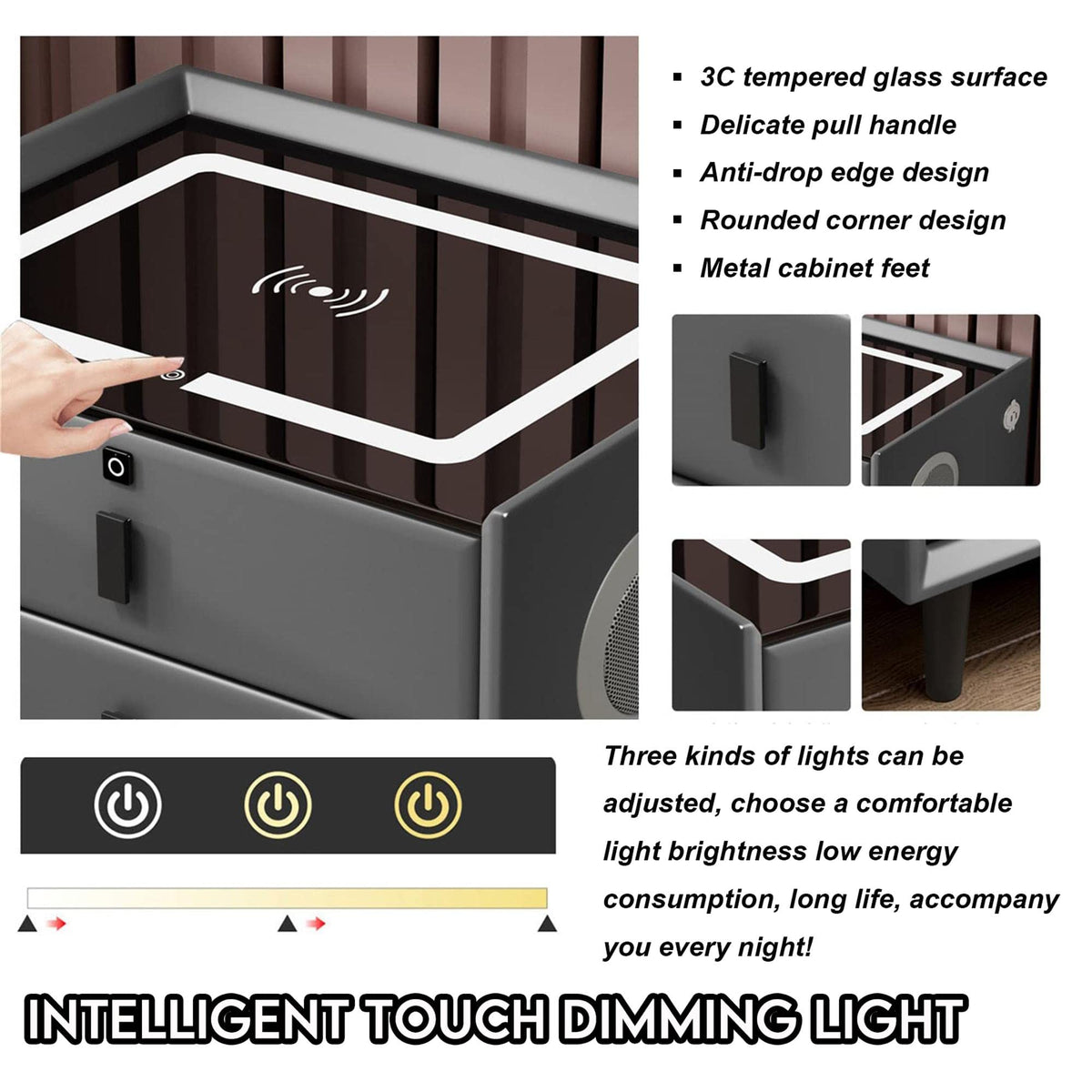 White 3 Drawer Bed End Table with Wireless Charging R5349
