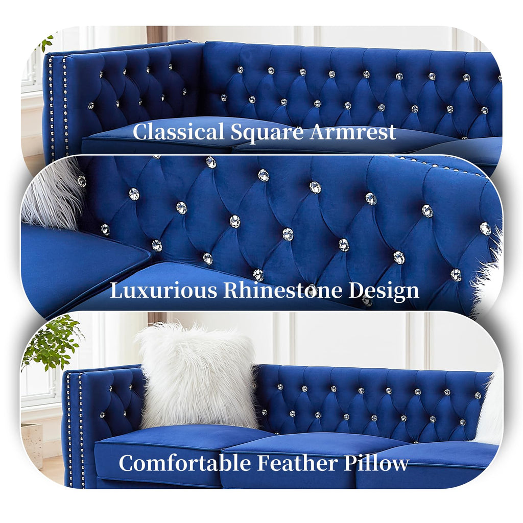 Blue Velvet Chesterfield Sofa with 2 Throw Pillows E173055