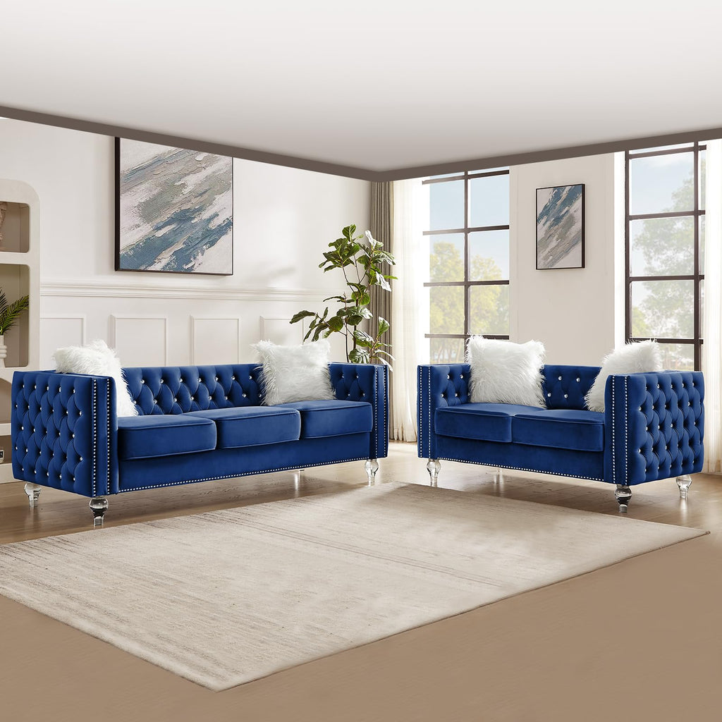 Blue Velvet Chesterfield Sofa with 2 Throw Pillows E173055