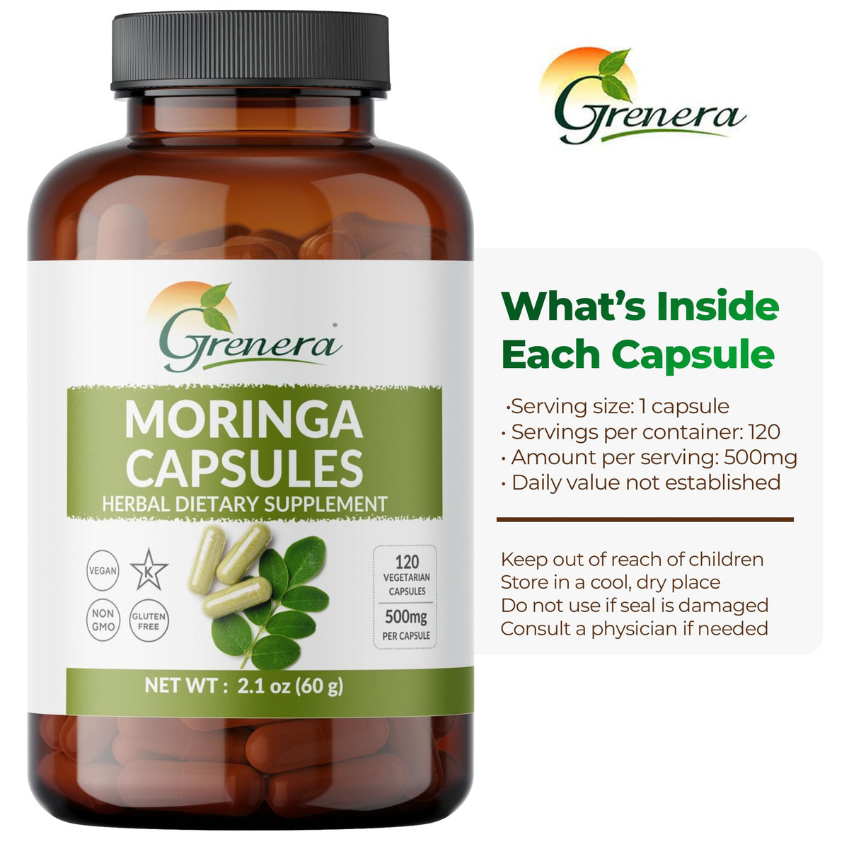 Moringa Capsules 500mg Moringa Oleifera Leaf Powder 120 Count S9017