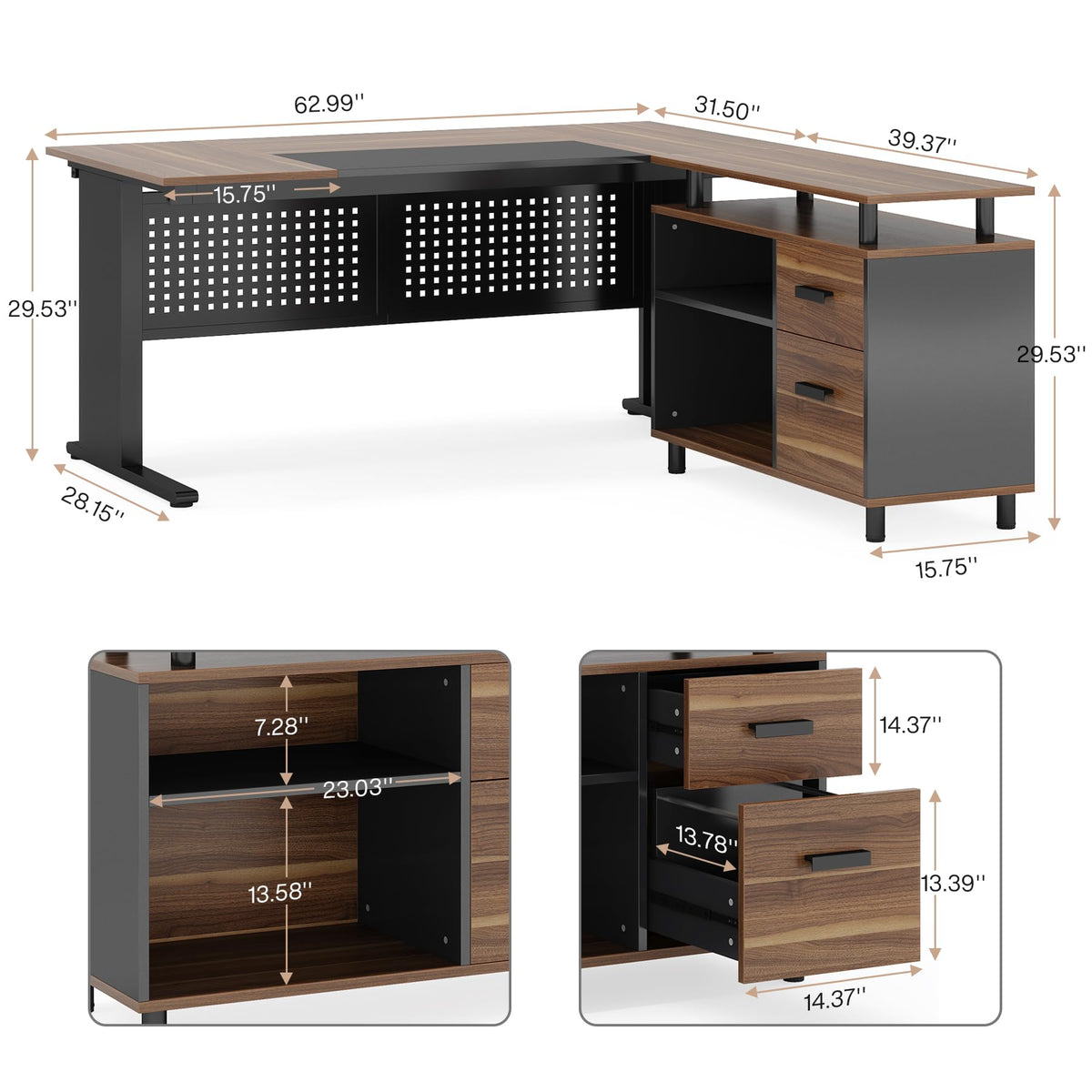 63 Inch L Shaped Computer Desk with File Cabinet and Storage Shelves D61670