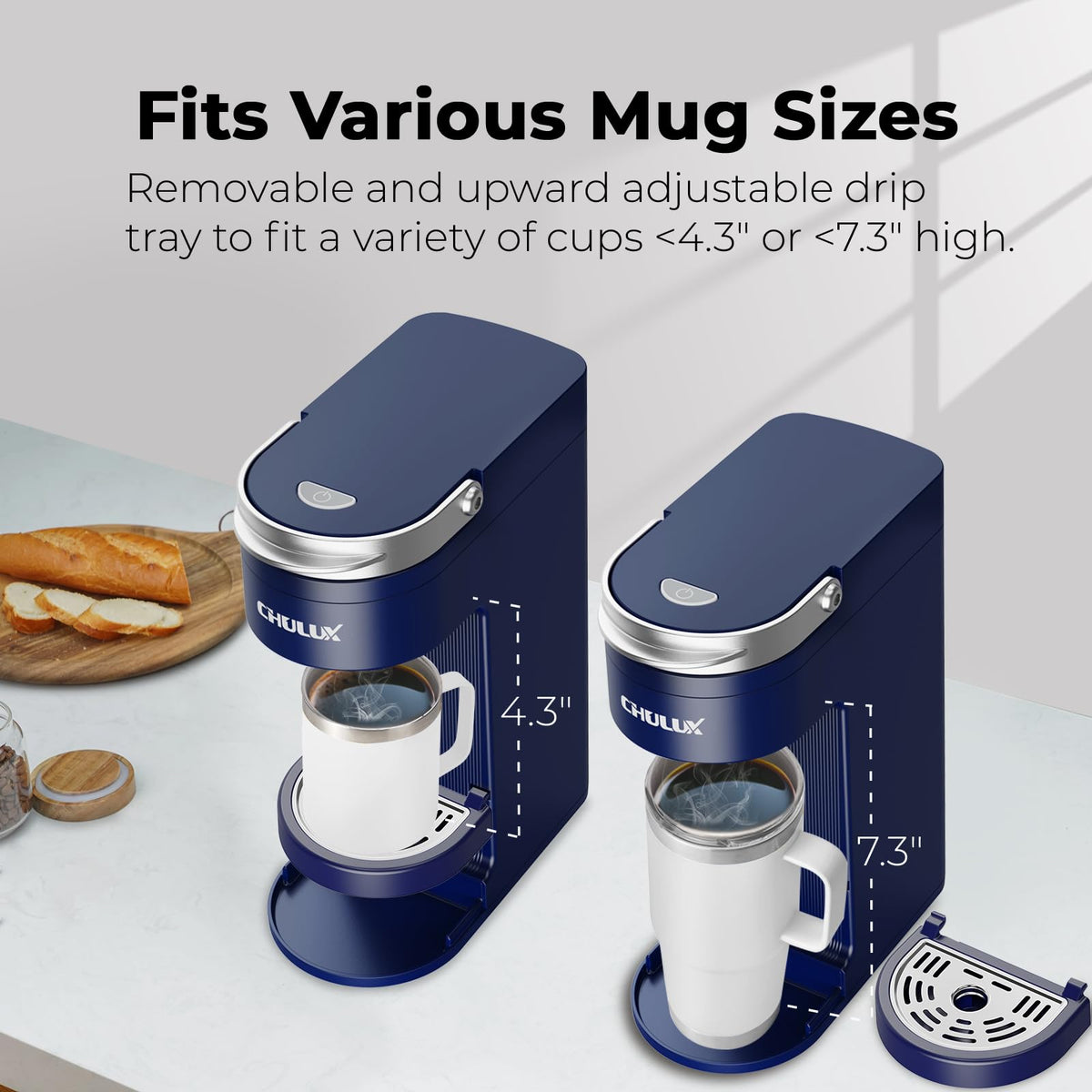 Slim Single Serve Coffee Maker with 6 to 12oz Brew Sizes, Navy Blue U508