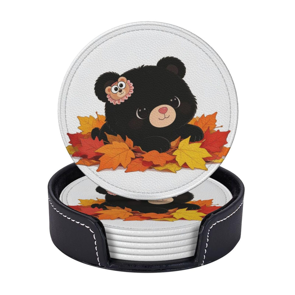 Black Bear Leather Coasters Set of 6 with Holder S23384