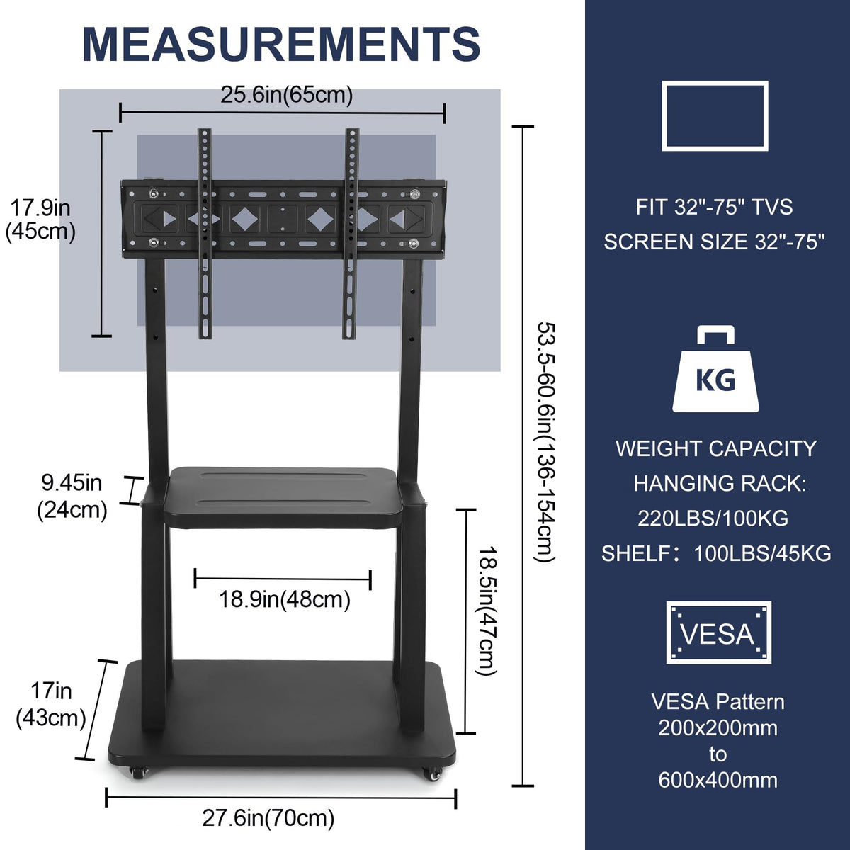 Rolling TV Stand with Wheels for 32-75 Inch Flat Panel Screens with Shelf G231