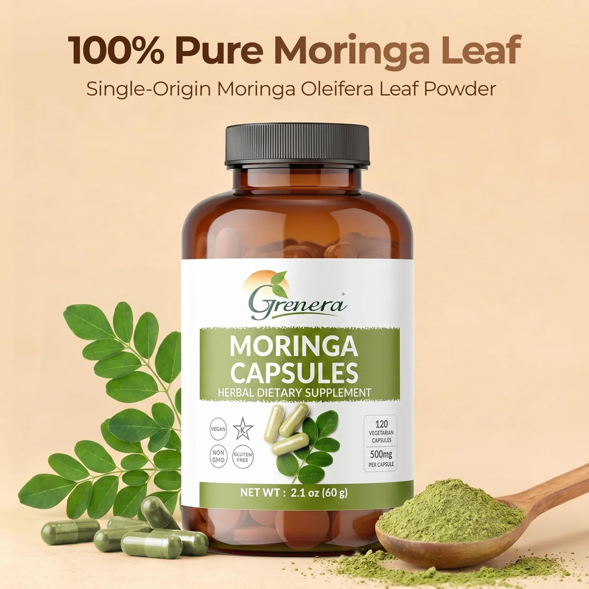 Moringa Capsules 500mg Moringa Oleifera Leaf Powder 120 Count S9017