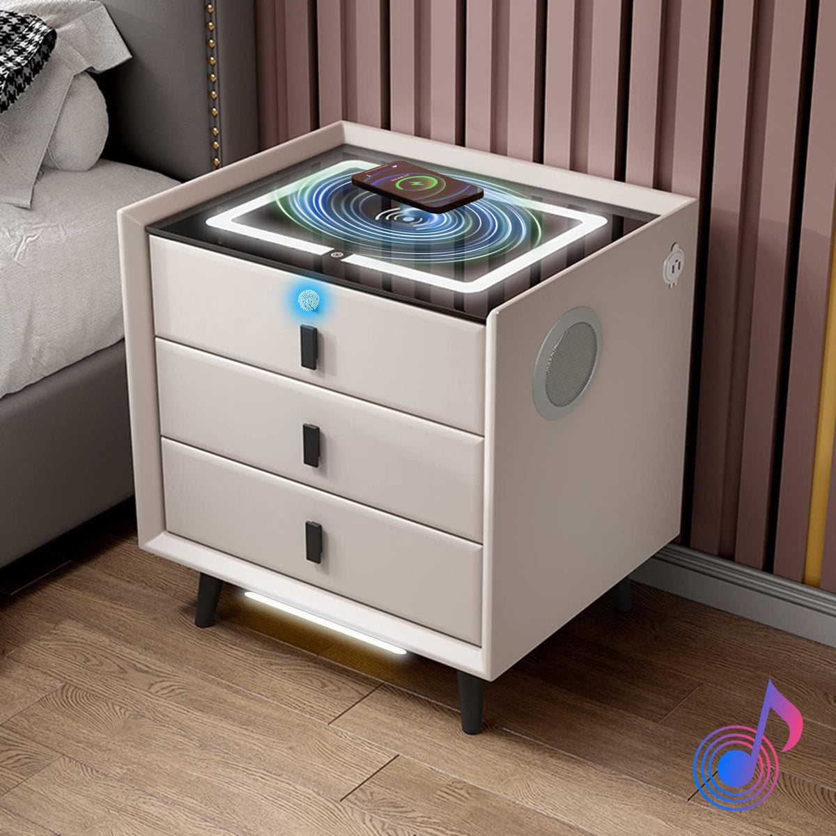 White 3 Drawer Bed End Table with Wireless Charging R5349