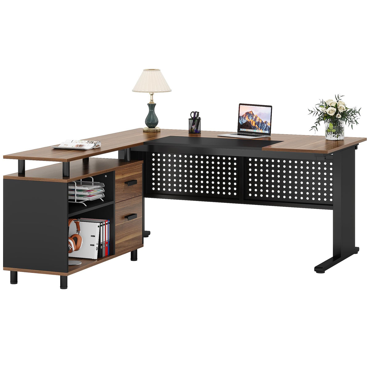 63 Inch L Shaped Computer Desk with File Cabinet and Storage Shelves D61670