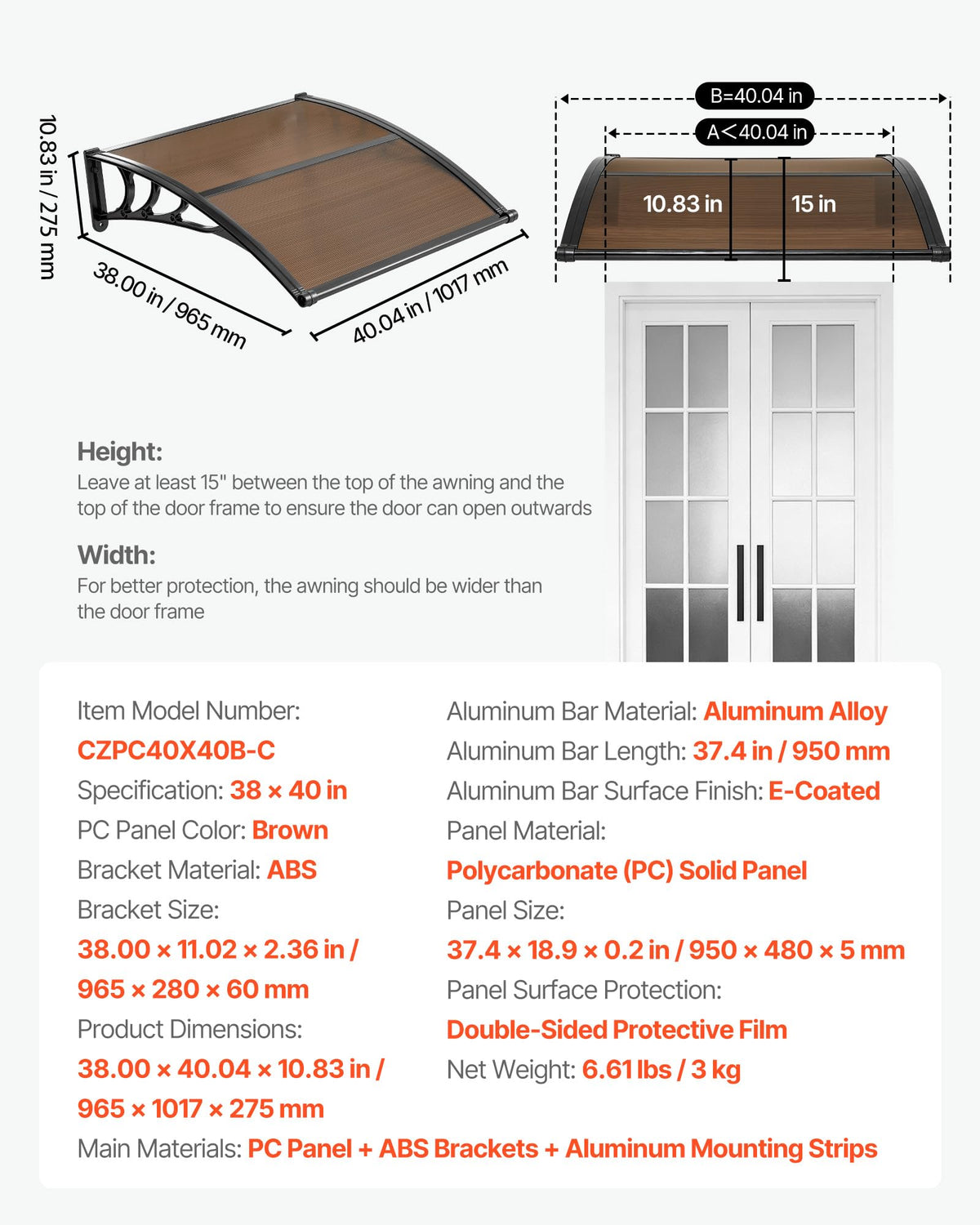 38" x 40" Door Window Awning Q3831