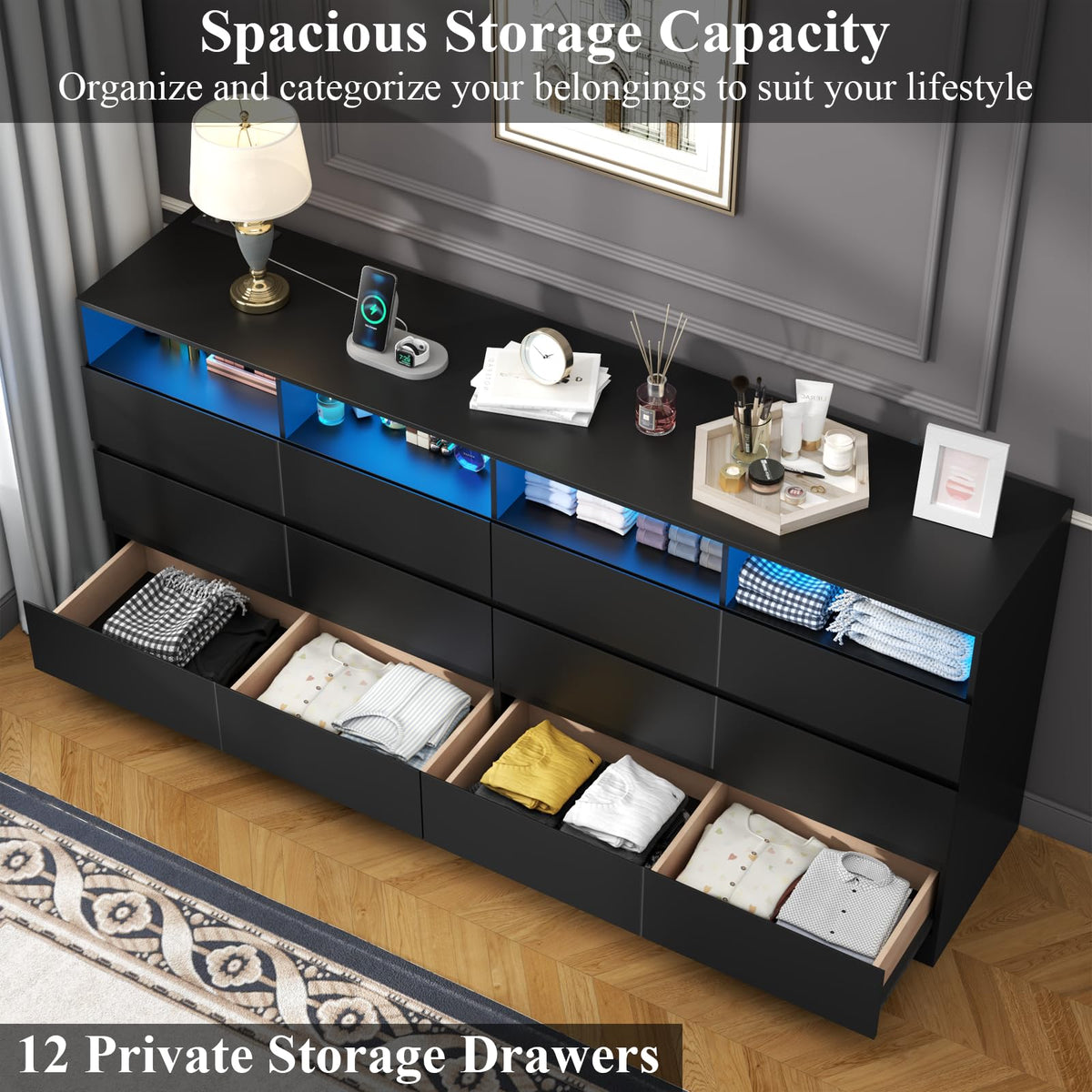 6 Drawer Dresser with Power Outlet and LED Lights N484003