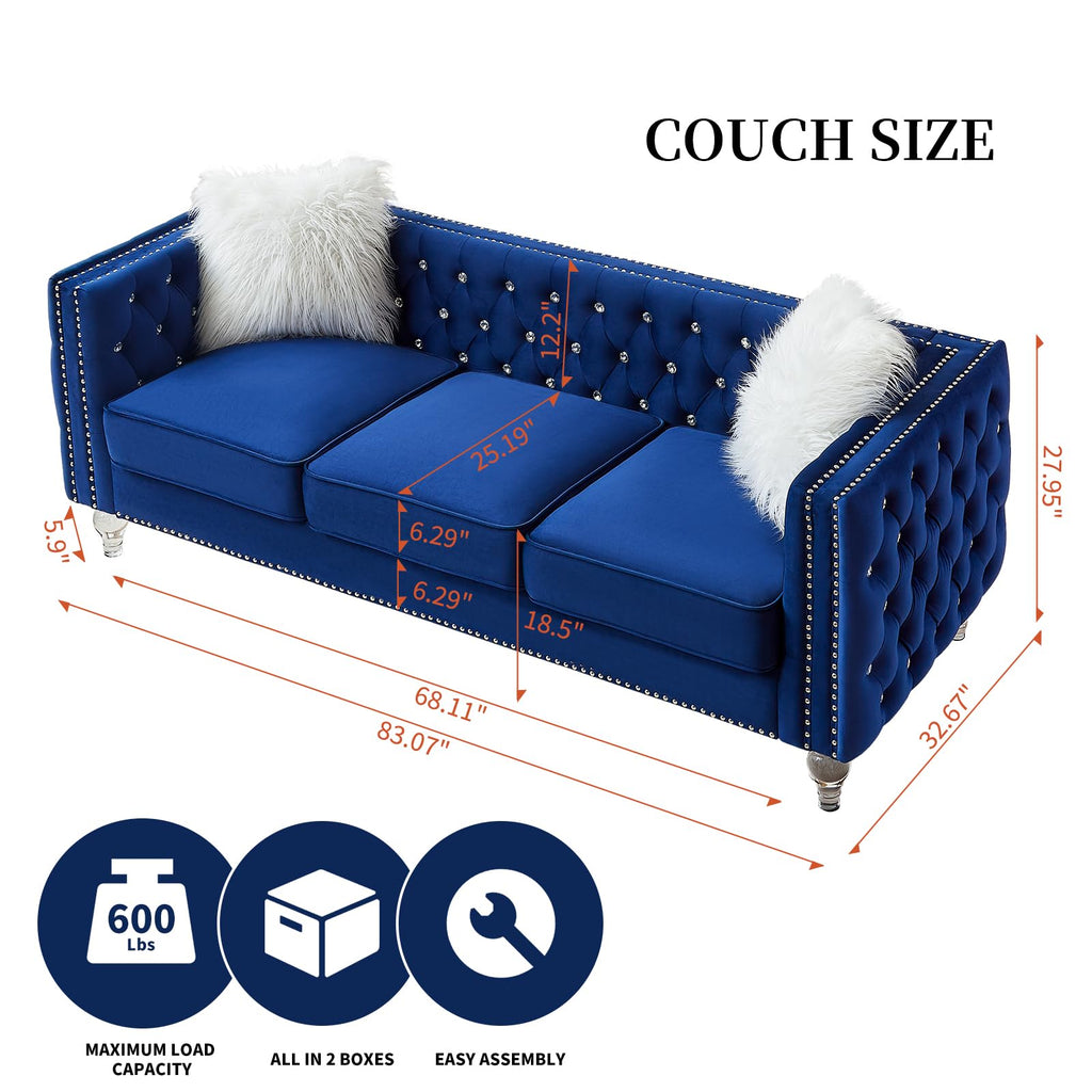 Blue Velvet Chesterfield Sofa with 2 Throw Pillows E173055