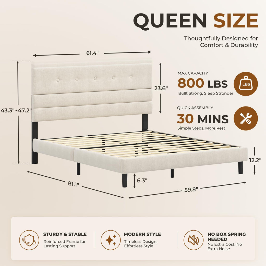 Queen Size Linen Fabric Upholstered Platform Bed Frame J542408