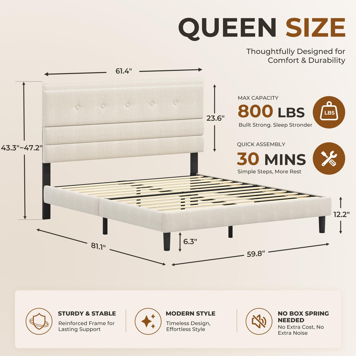 Queen Size Linen Fabric Upholstered Platform Bed Frame J542408
