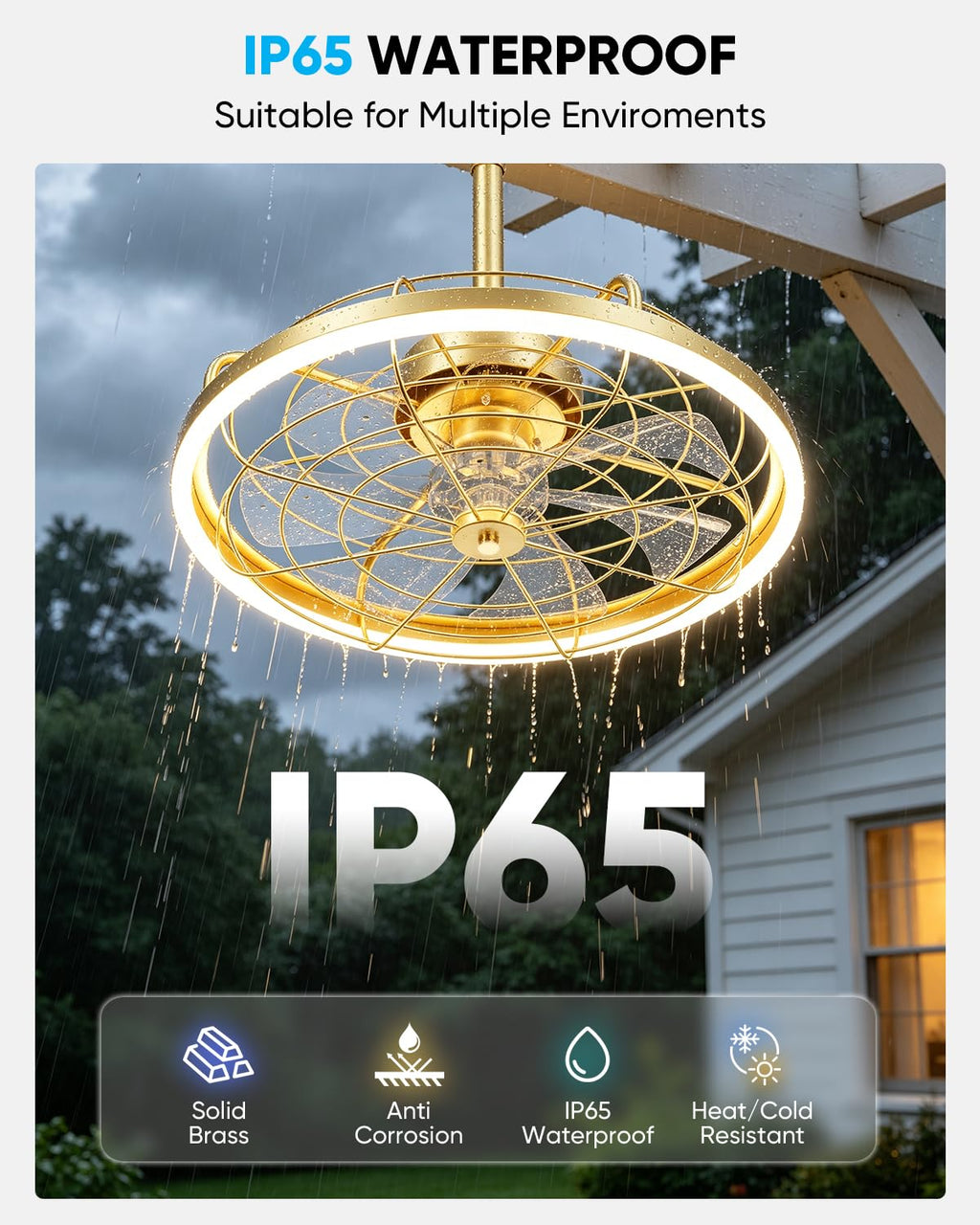 20" Gold Outdoor Ceiling Fan with Light A128495