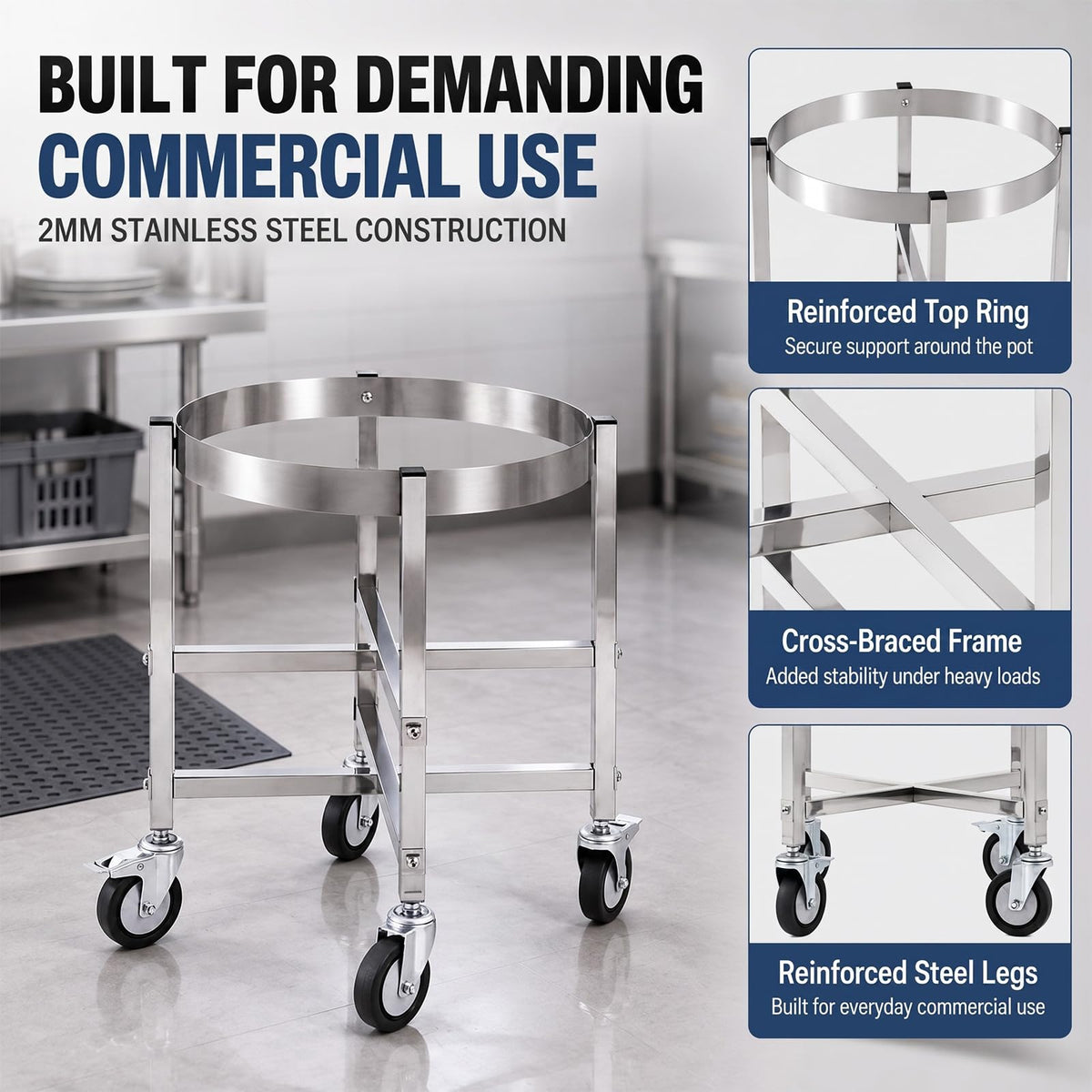 23.8 Inch Stainless Steel Stock Pot Dolly with Locking Casters F657441