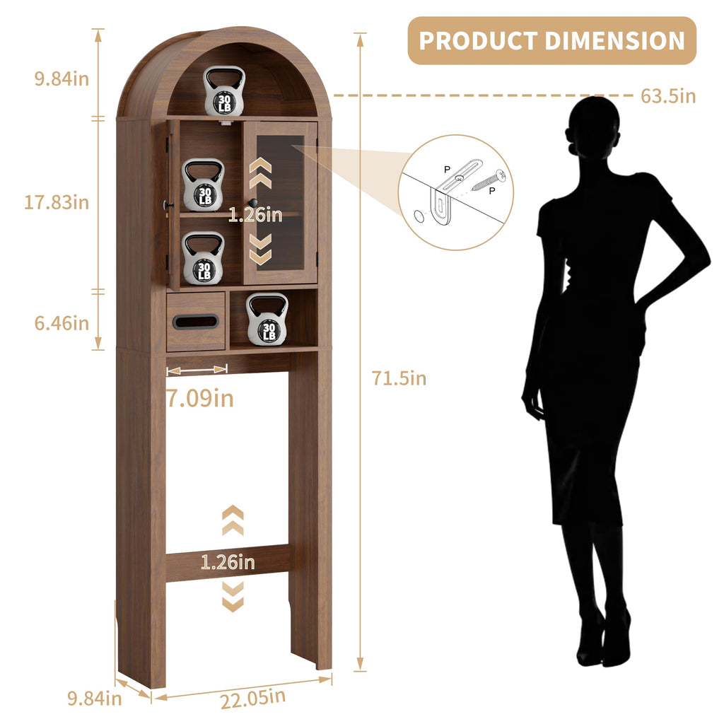 Arched Over the Toilet Storage Cabinet with Tempered Glass Doors O245922