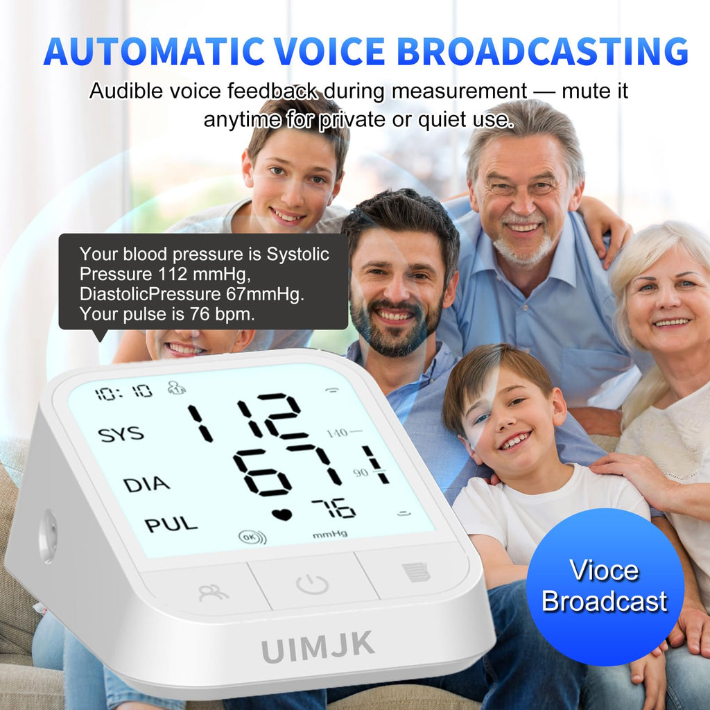 Upper Arm Blood Pressure Monitor, Automatic Digital with Voice Broadcast & Irregular Heartbeat Detection, Backlit LED Display, Adjustable Cuff 8.66-16.5'', 2x99 Memory & Guest Mode, AAA & Type-C G484209