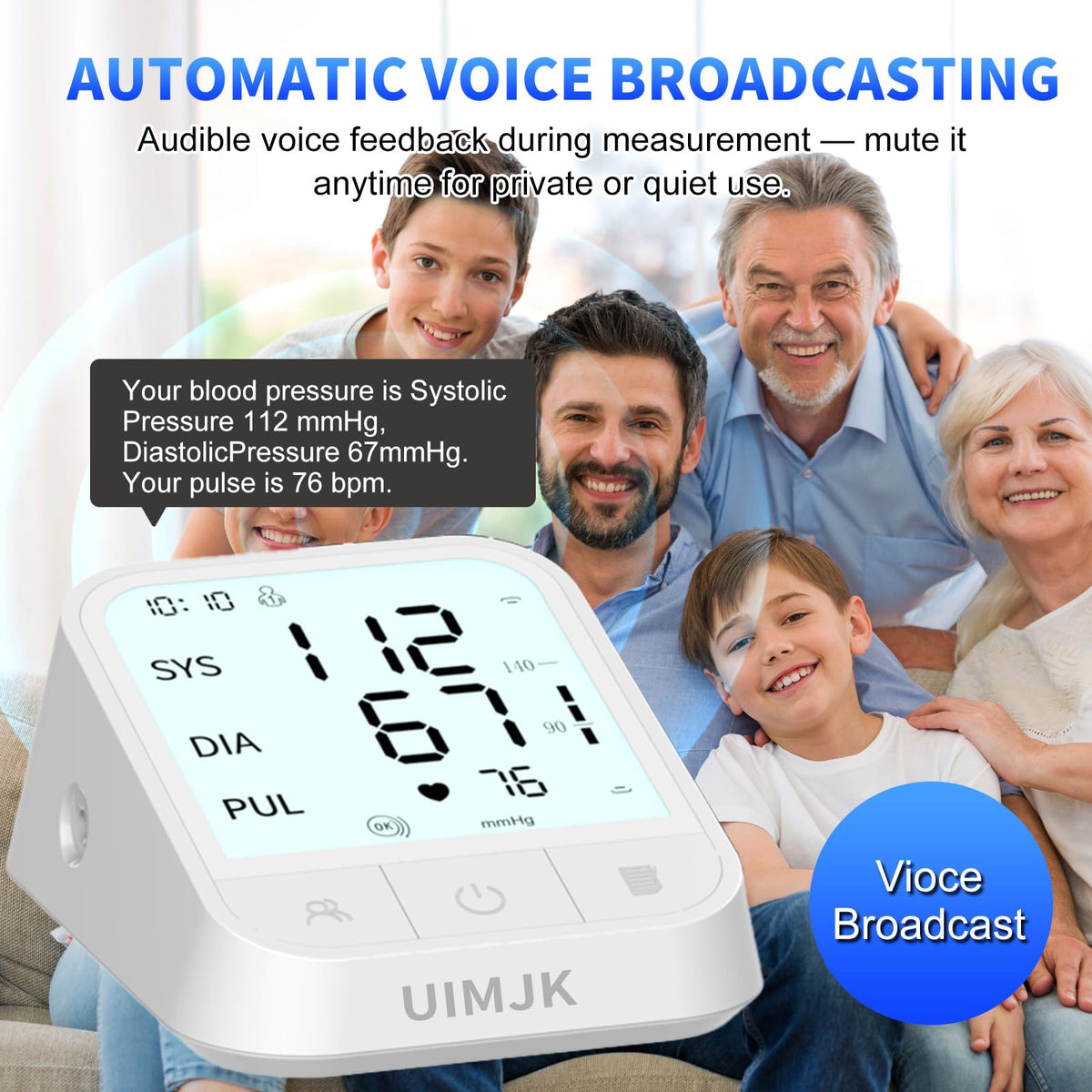 Upper Arm Blood Pressure Monitor, Automatic Digital with Voice Broadcast & Irregular Heartbeat Detection, Backlit LED Display, Adjustable Cuff 8.66-16.5'', 2x99 Memory & Guest Mode, AAA & Type-C G484209