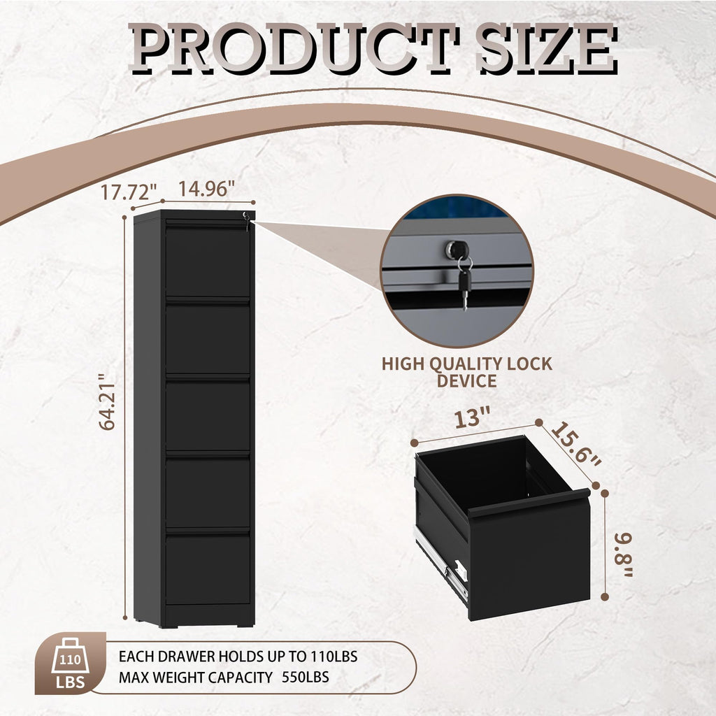 5 Drawer Black Filing Cabinet with Lock Y8380
