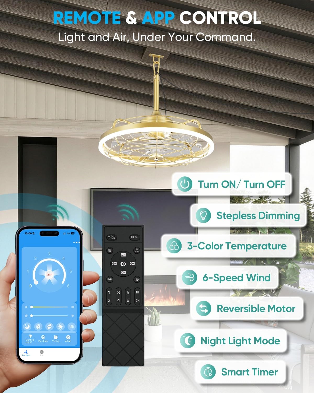 20" Gold Outdoor Ceiling Fan with Light A128495