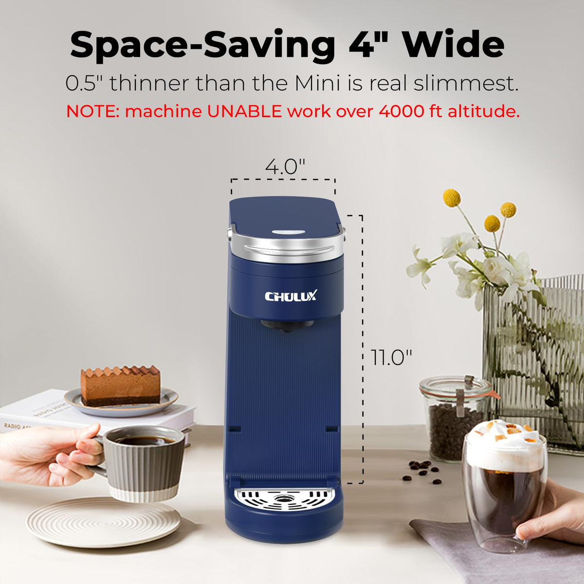 Slim Single Serve Coffee Maker with 6 to 12oz Brew Sizes, Navy Blue U508
