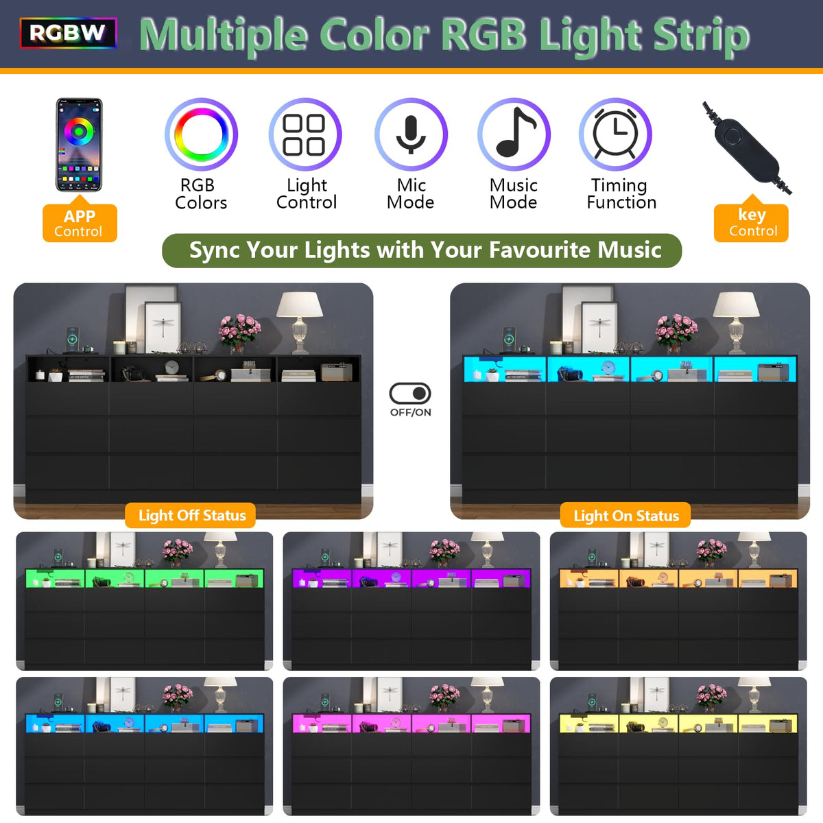 6 Drawer Dresser with Power Outlet and LED Lights N484003