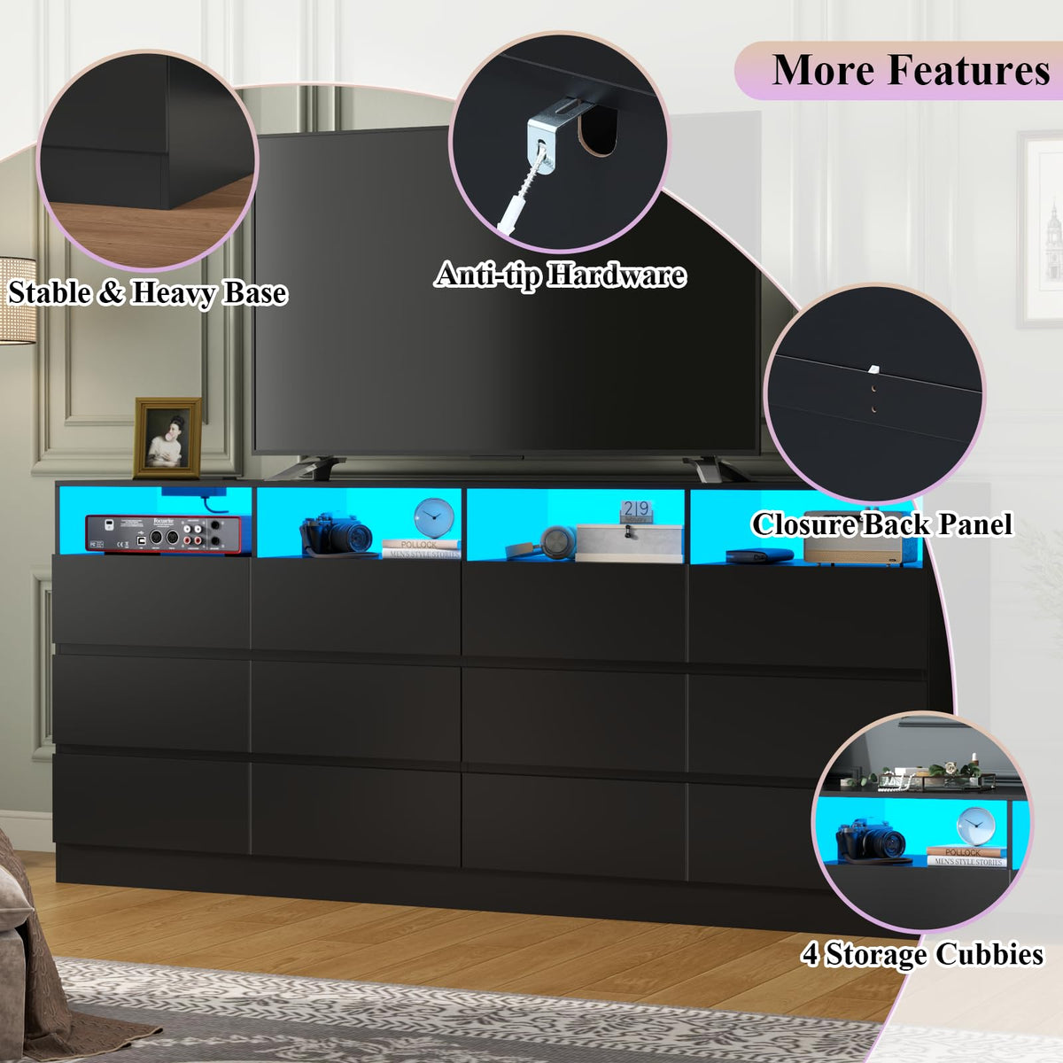 6 Drawer Dresser with Power Outlet and LED Lights N484003
