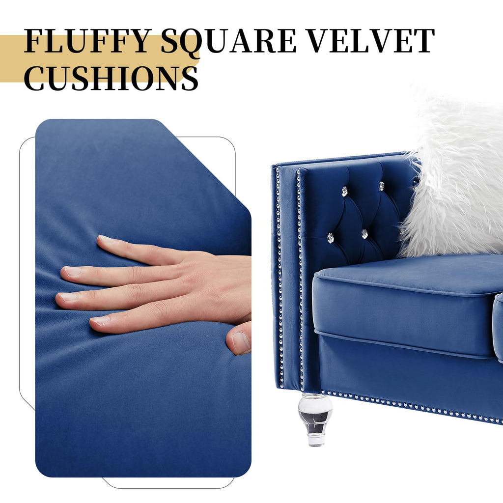 Blue Velvet Chesterfield Sofa with 2 Throw Pillows E173055