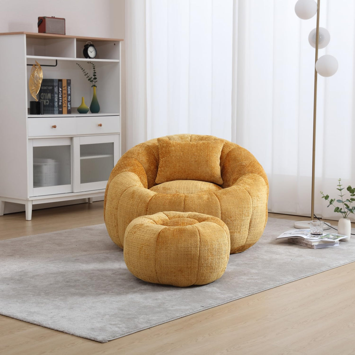 Yellow Chenille Bean Bag Chair with Ottoman and Pillow F4772