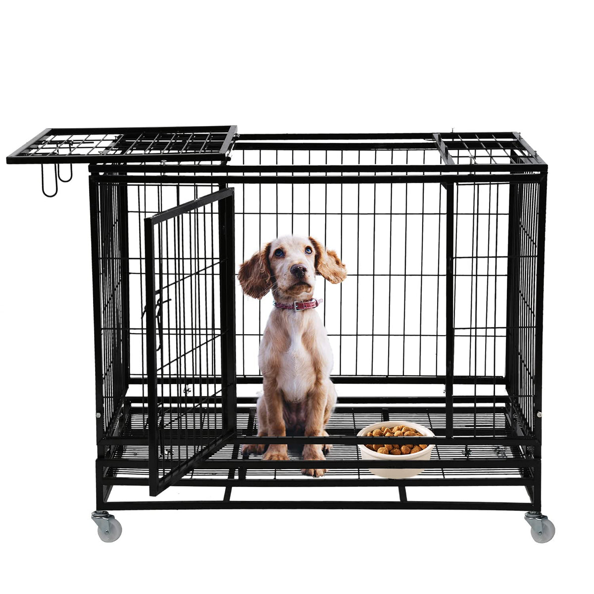 48 inch Heavy Duty Foldable Dog Crate with Lockable Wheels X36557
