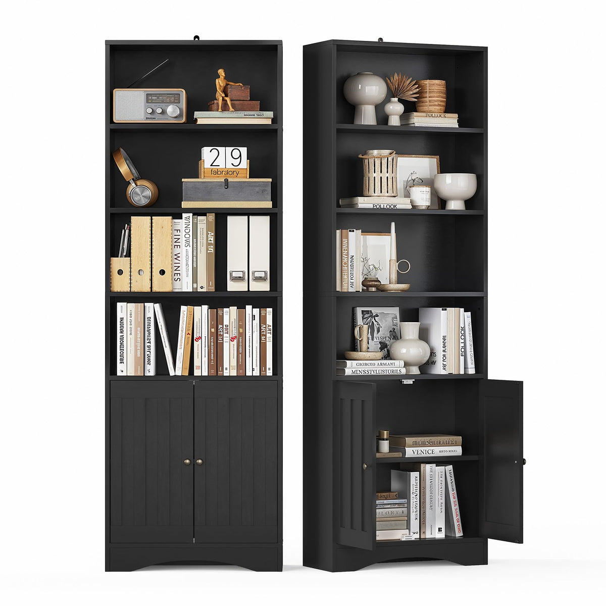 71''H 6-Shelf Black Bookcase with Doors B22513