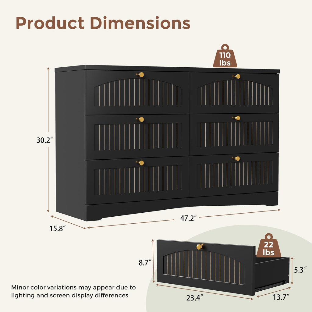 Black 6 Drawer Fluted Wood Dresser V963