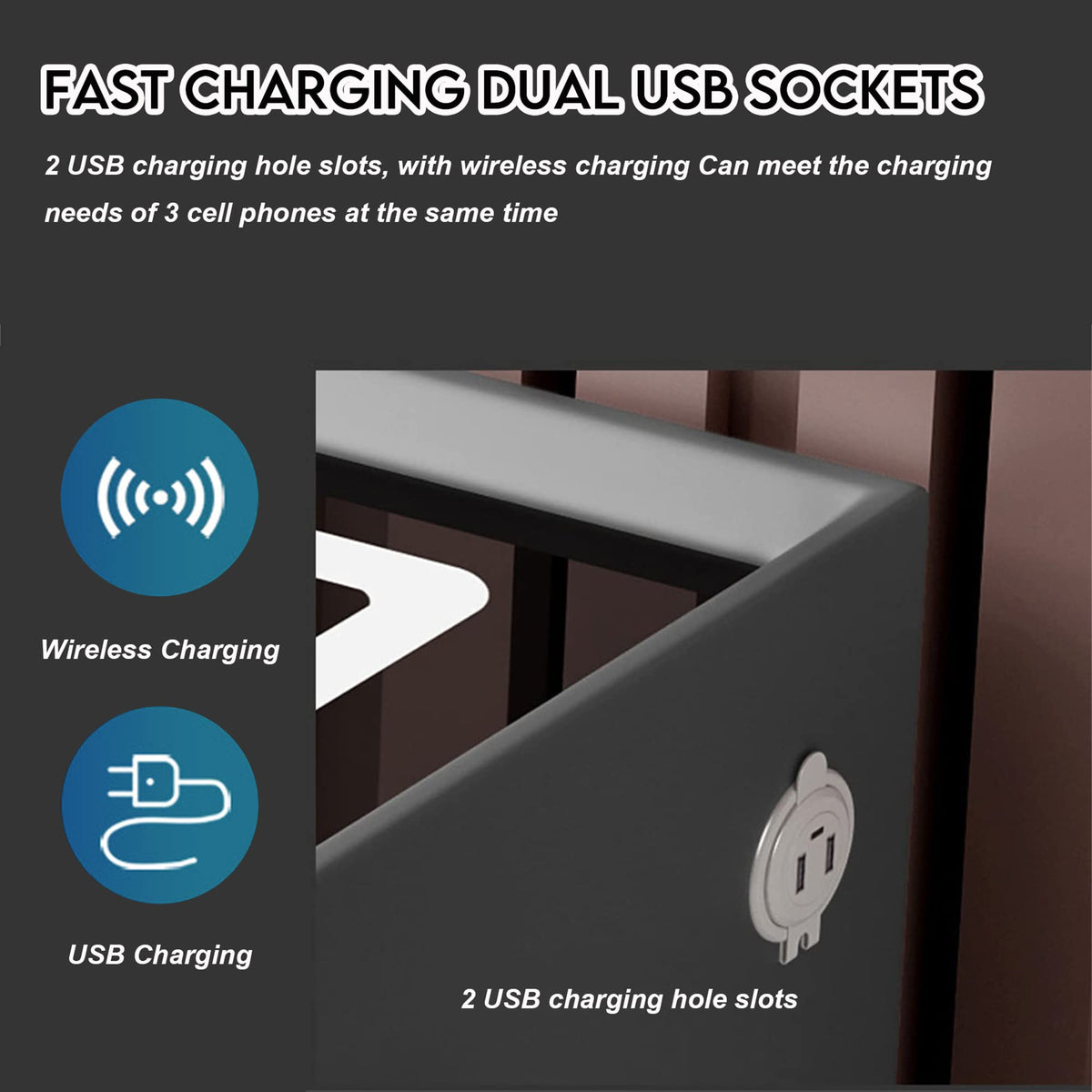 White 3 Drawer Bed End Table with Wireless Charging R5349