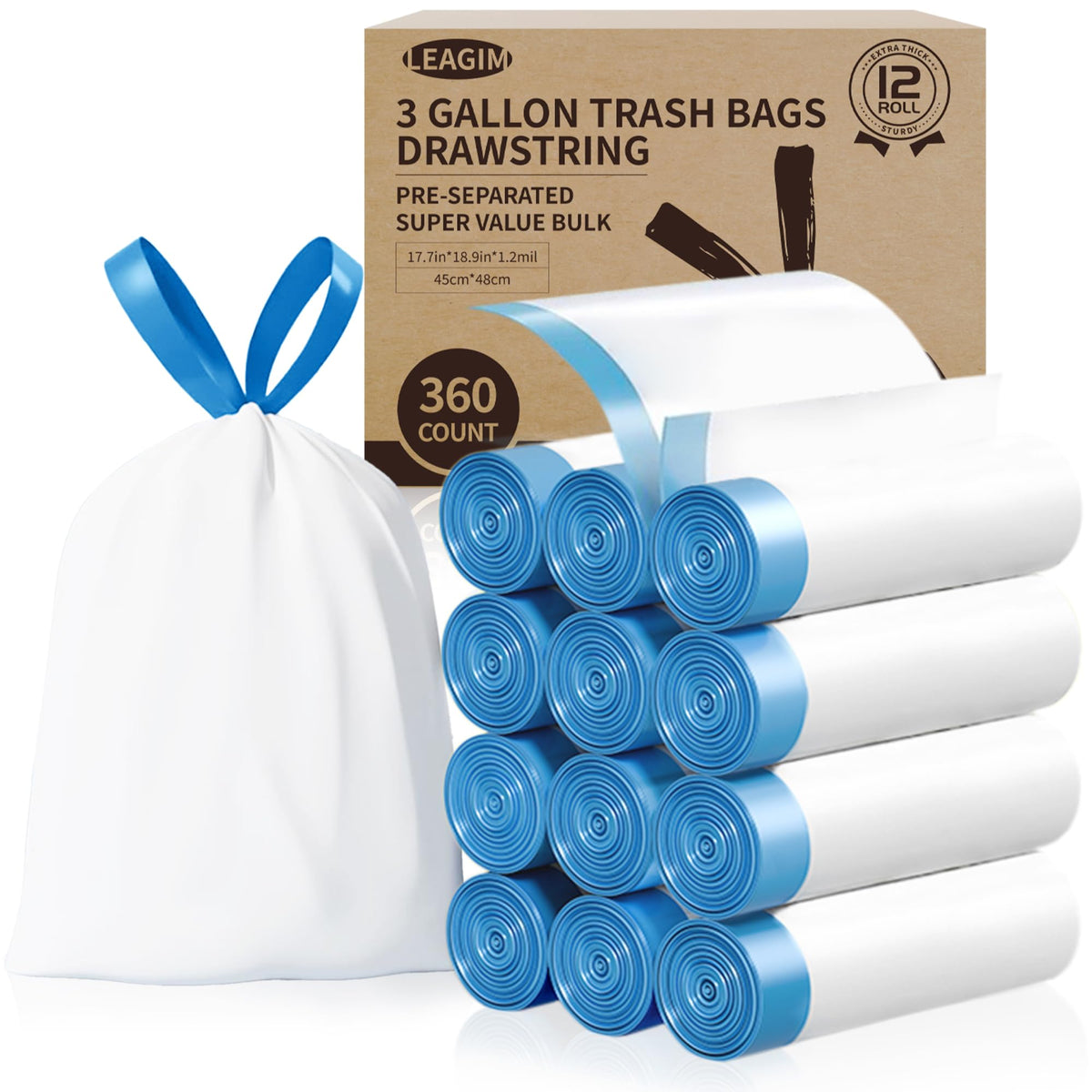3 Gallon 360 Count 1.2 Mil Drawstring White Plastic Trash Bags V575757